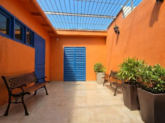 Patio interno con plantas, bancos y circulación accesible